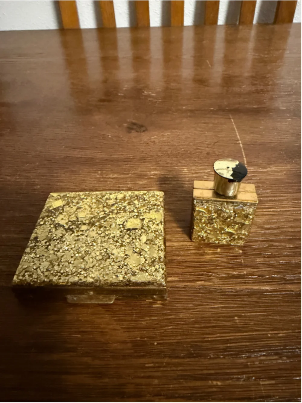 Vintage Gold Tone Vanity Set Powder Compact Mirror & Mini Perfume Bottle Glitter